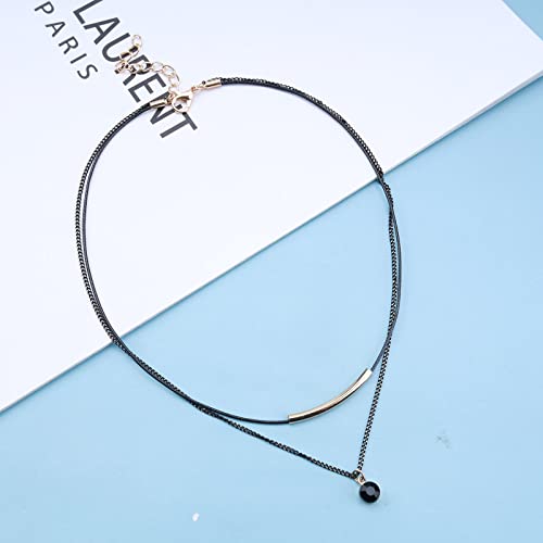 Aneneiceera Punk Layered Black Choker Necklace Round Black Crystal Pendant Necklace Gold Tube Bar Necklace Vintage Leather Necklace Chain Jewelry for Women and Girls - Image 2