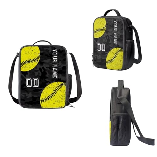Softball School Bag Kids Personalized Backpack with Name for Boys Girls with Lunch Box Pencil Case, 17 Inch Backpack for School Large Bookbag for Elementary Middle School, Black and Yellow4
