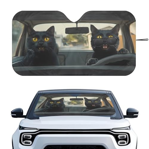 Image of Funny Black Cat Car Interior Accessories Sun Protection Easy to Install Automotive Windshield Sunshades Keep Cool UV Rays Protection for Most Sedan Truck Van