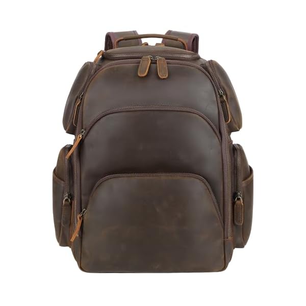 TIDING Vintage Full Grain Leather 16 Inch Laptop Backpack for Men Multi Pockets Travel Rucksack Weekend Business Daypack_Large
