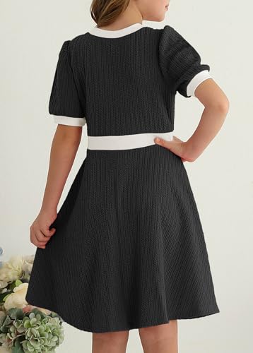 YOVION Girls Summer Dress Puff Sleeve Crewneck Button Color Block Casual Party Dresses with Pockets for 6-12 Y4
