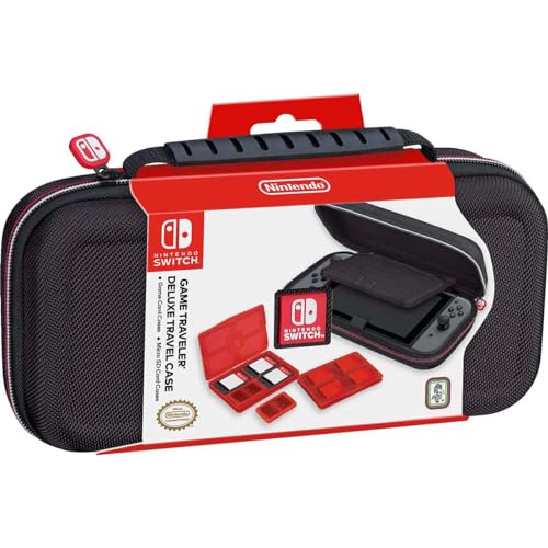 Game Traveler Nintendo Switch Deluxe OLED Case – Also for Switch & Switch Lite, Black Ballistic Nylon, Viewing Stand & Bonus Game Cases, Deluxe Handle, Licensed by Nintendo, #1 Selling Case in USA