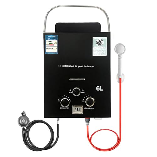 Calentador de agua a gas, calentador de agua de gas propano LPG 6L 12KW con kit de ducha, mango portátil, pantalla digital, calentador instantáneo al aire libre para autocaravana, camping, ducha