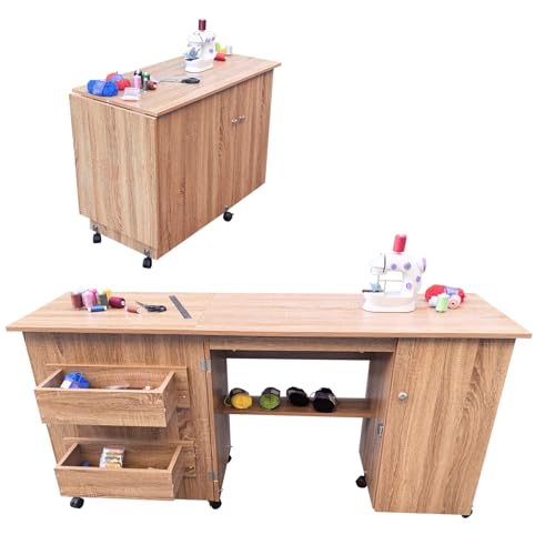 GarveeHome Large Folding Sewing Table, Sewing Machine Table with Storage Shelves, Rolling Side Desk with Compact Design, Multipurpose Craft Station with Lockable Wheels for Home, Bedroom, Small Spaces