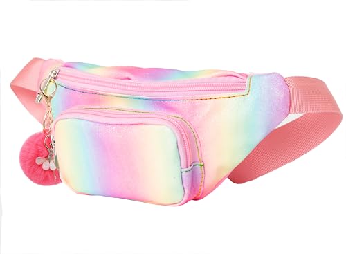 Image of Shiny Fashion Cute Kids Fanny Pack Girls Two Pockets Hands-free Lightweight Small Belt Bags for Holiday Festival Party Trip Glitter Pink