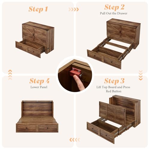 Image of AMERLIFE Full Murphy Bed Cabinet with Charging Station and Storage, Farmhouse Foldable Platform Bed for Guest Room, Office, Small Spaces, Barnwood