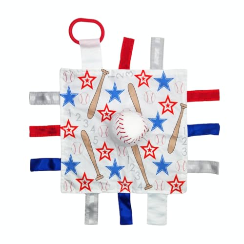 Image of Baby Jack & Co. Sensory, Educational & Closed Ribbon Tag Lovey Blanket with Security Plush: 10"X10" (Baseball)