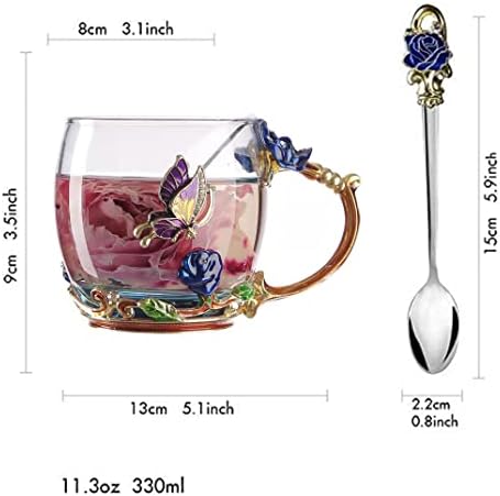 Qinhai Enamel Butterfly Flower Tea Cup Sets, Glass Coffee Mug, Mothers Day Gifts for Mum, Wedding Birthday Valentines Graduation Christmas Present for Women Wife Her Grandma Teacher Friend (Blue)
