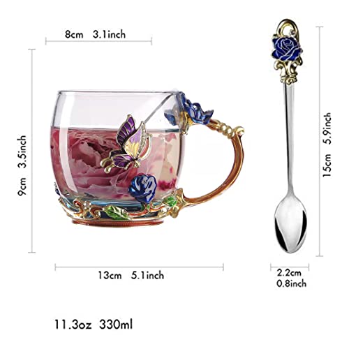 Vanuoda Enamels Butterfly Flower Tea Cup, Glass Coffee Mugs With Spoon, Valentines Mothers Day Graduation Christmas Gifts For Women Wife Mom Her Grandma Girls Teacher Friends, Birthday Present Idea #TOP2