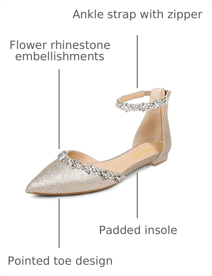 Image of XYD Women Classic Pointed Toe D'Orsay Wedding Flat Sandals Sparkly Rhinestones Ankle Strap Low Heel Dress Shoes with Zipper