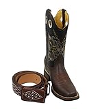 Men's Genuine Cowhide Leather Cowboy Square Toe Rodeo Boots with Free Belt_Brown-8