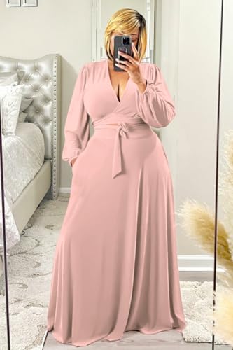 Image of Plus Size Women's 2 Piece Outfits Casual Long Sleeve Wrap Crop Top Maxi Long Dress Flowy Matching Sets