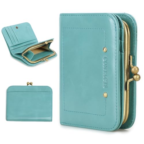 CONTACTS Full Grain Leather Kiss Lock Wallet for Women Slim Kiss Clasp Coin Purse Vintage Bifold Card Holder Small RFID Wallet (Blue)