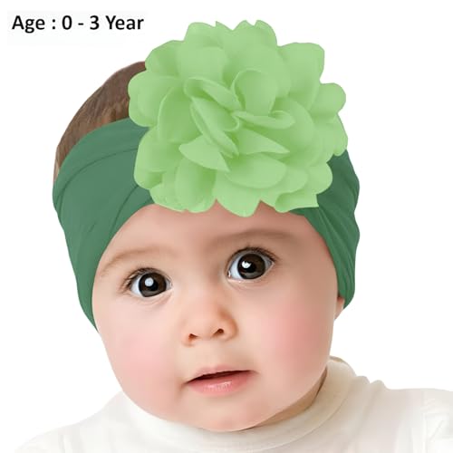 Image of SYGA Pack of 3 Baby Headbands Nylon Flower Soft Stretchable Hairband for Newborn Infant Toddler Kids For 0-3 Year White, Green, Medium Pink