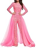 VENNYNG Sequins Formal Jumpsuit with Overskirt Detachable Train Size 12 Long Prom Evening Outfits Pink