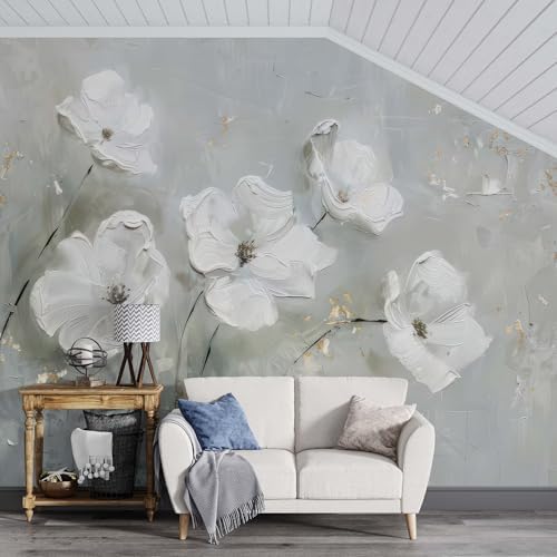 Beyaz Yağlı Boya Çiçek Desenli Duvar Kağıdı, Botanik Çiçek Duvar Resmi - Oturma Odası ve Yatak Odası - Görsel 2