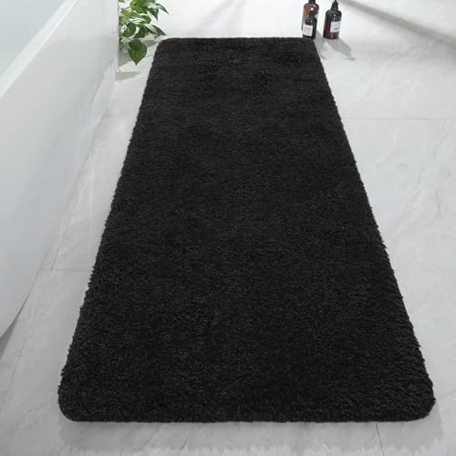 AROGAN Luxury Long Bathroom Runner Rug 24x60 Inch Thick Soft and Absorbent Microfiber Non Slip Bath Mat Rubber Backing Quick Dry Rugs Carpets Machine Washable Plush Mats for Shower Floor Black