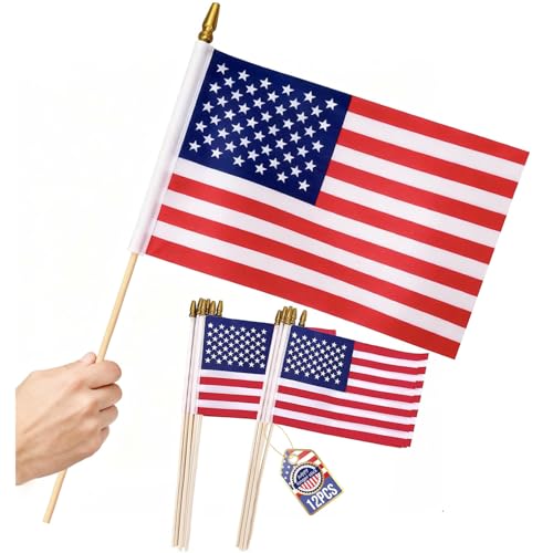 12 Pcs 8x12 Inch Small American Flags on Stick US Handheld Flag with Kid-Safe Spear Top For Memorial Day 4th of July Decorations 250th Anniversary USA flag Patriotic Holiday Yard Garden Flags