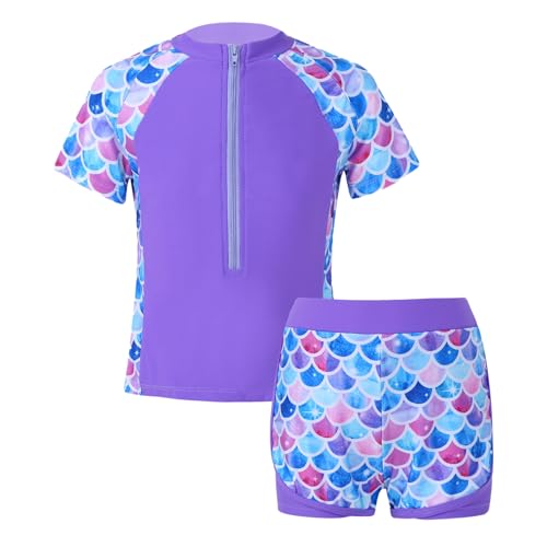 Yihuimin Girls Athletic Rash Guard Sets Floral Short Sleeve Zip Swim Shirts with Bottoms Swimsuits Tankini Purple Fish Scales 8 Years
