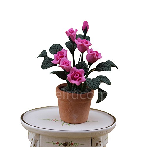 Fleur rose de collection 1:12 avec pot en poterie fine de haute précision