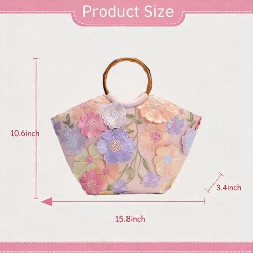 Bolso Tote con Mango de Bambú y Bordado 3D para Mujer miniatura 4