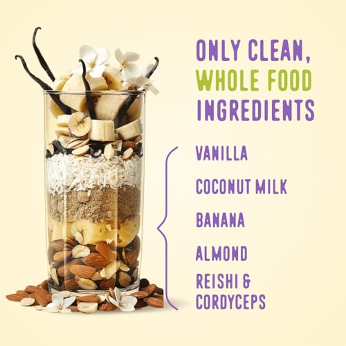 Image of FlavCity Vegan Almond Protein Shake Powder, Vanilla Cream + Reishi & Cordyceps Mushrooms - Focus, Skin, Hair & Joint Support - Organic Fruit All in One Smoothie On-the-Go, 20 Servings