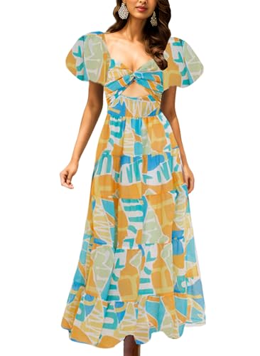 Image of GOLDSTITCH Women's 2026 Boho Floral Maxi Dress Puffy Short Sleeve Cutout V Neck Casual Long Beach Dress