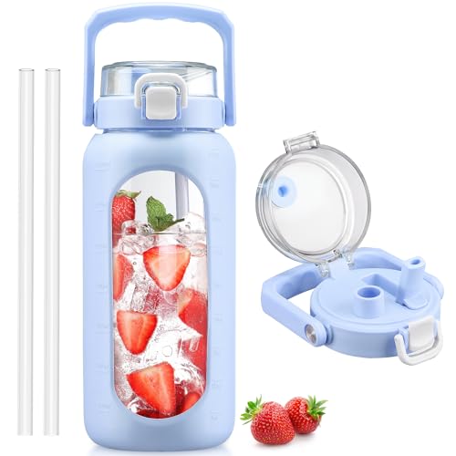 BLUEGO 64oz Glass Water Bottle with Handle and Straw, Motivational Sports Water Bottle with Time Marker and Silicone Sleeve Leakproof Drinking Bottle for Travel Gym Workout, Light Blue