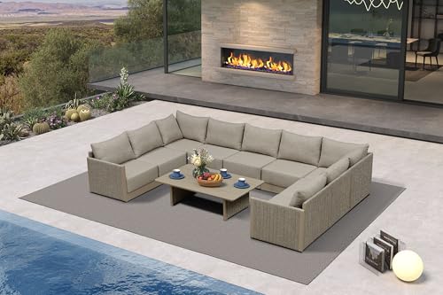 Image of PURPLE LEAF Outdoor Conversation Set 10PCS w /Table PP Rope Sofa, Beige