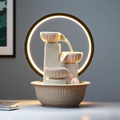Image of 3-Tier Tabletop Water Fountain with Warm Ambient Light, Cascading Bowl Design, Compact Indoor Desk Decor, 8.3x6.3 inch Indoor Calming Cascading Waterfall Fountain（Cream） (Cream Light Ring)