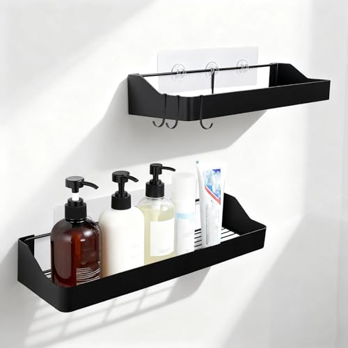 ATTEEFI 2 Piezas Estantería Baño, Negro Estante Ducha sin Taladro, Acero al Carbono Repisa Baño Adhesiva, con Almohadilla Adhesiva, Para Uso en Baños, Cocinas u Oficinas en Casa