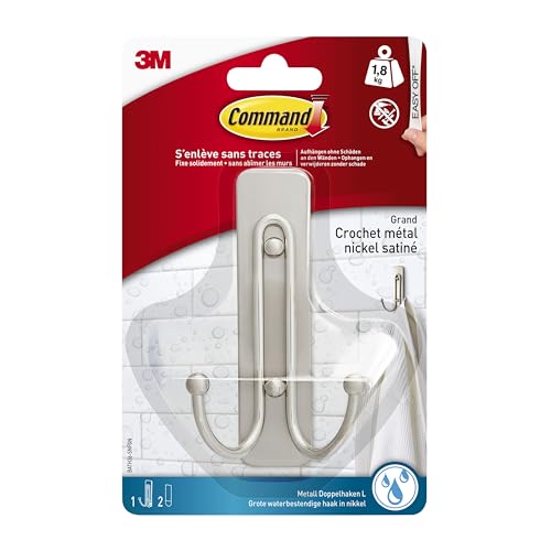 Command Crochet Double Grand Modèle en Nickel Satiné pour Salle de Bains, 1 Crochet et 2 Grandes Languettes, 1,8 kg - Accrochage Sans Dommage