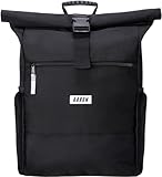 AARON Rolltop Rucksack Damen und Herren, mit Laptopfach, inkl. AirTag Halter, Daypacks, Rollrucksack aus recycletem PET für UNI, Reisen, Alltag, Rolltop Backpack in schwarz und Blumen