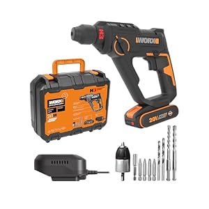 Worx WX391 20V PowerShare Cordless Rotary Hammer Drill – 3-in-1 SDS Plus Hammer Driver with 1.2J Impact Energy, 6400bpm, 2.0Ah Battery & Charger – Compact Lightweight Concrete Drill