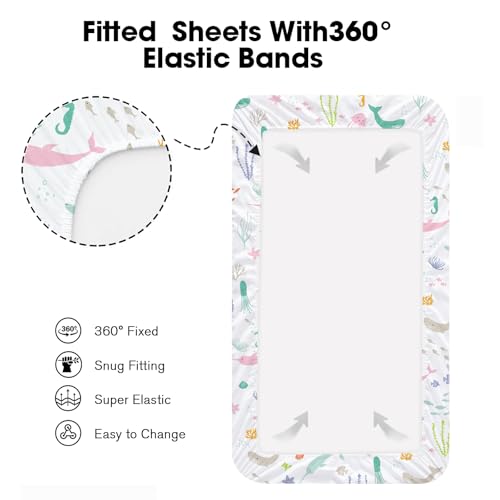 Image of Bimocosy Pack and Play Sheets Fitted 4 Pack, 38 x 26 Inch Pack n Play Mini Crib Sheets for Boys and Girls, Soft Stretchy Playard Mattress Sheets for Graco Pack n Play, Ocean World