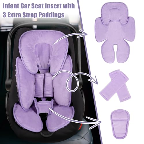Image of 2 in 1 Infant Car Seat Insert Head and Body Support Set, Reversible Newborn Insert for Carseat with 3 Extra Strap Paddings, Soft Stroller Cushion Pillow Insert Girls, Fits for Stroller, Swing, Purple