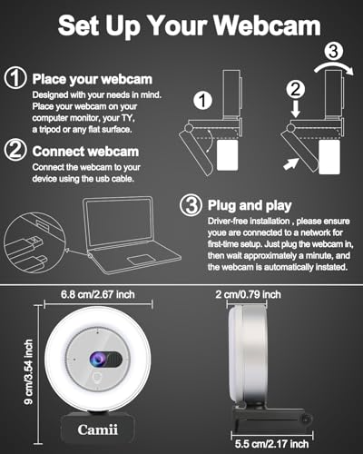 Camii Webcam 2K, webcam para PC com anel de luz HD e capa de privacidade, microfone com cancelamento