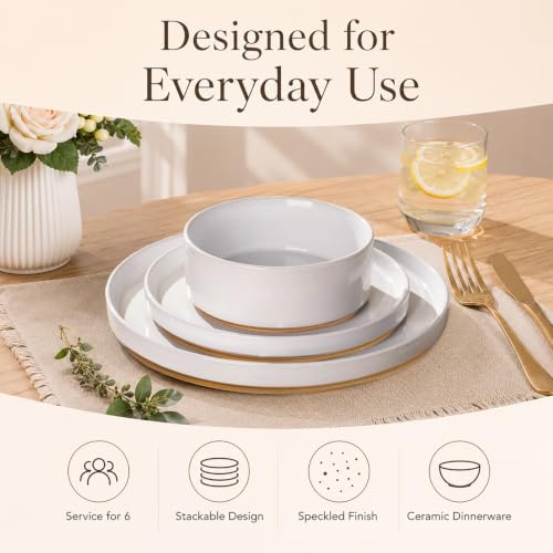 Image of AmorArc Ceramic Dinnerware Set for 4 | Speckled Stoneware Plates and Bowls with unglazed terracotta | Scratch Resistant, Dishwasher & Microwave Safe Dishes Sets- 12-Pcs Milk White