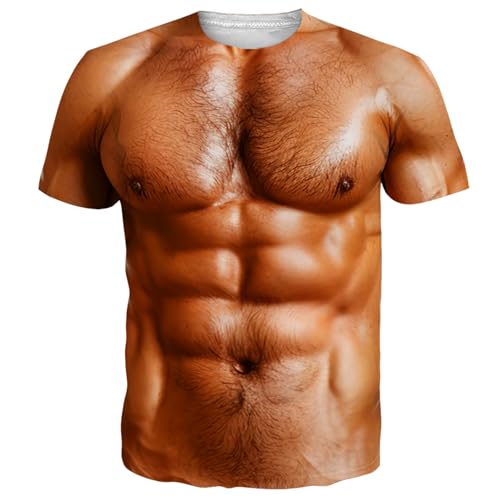 Mens Fake Muscle Shirt 6 Pack Abs Unisex Hairy Chest Tshirt 3D Shirtless Rave Shirts Tees Boy Holiday Cosplay Outfits