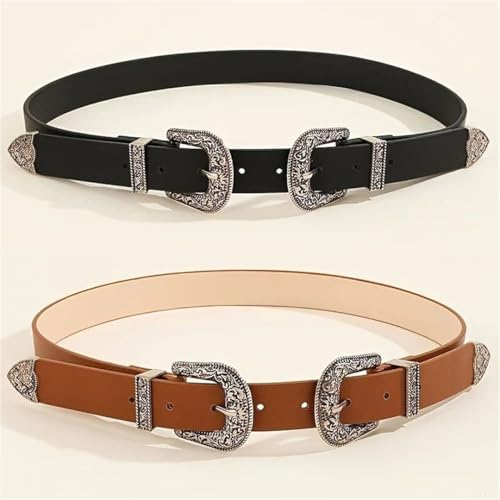 Women’S Vintage Carved Double Buckle PU Leather Belt Fashion Hip Hop Rock Y2K Style Solid Pattern 3Cm Width2
