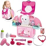 Pet Cat Carrier Backpack Toy, MAGIC4U 23PCS Pet Care Play Set,Vet Clinic and Doctor Kit for Kids, Veterinarian Pretend Play Set for Girls Ages 3-6 Pink