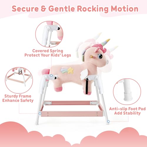 Image of FUNLIO Unicorn Spring Rocking Horse for Kids 3-6, Rainbow Fairy Ride on Horse with Covered Spring & Sturdy Frame, Neighing & Galloping Sound for Pretend Play, Horse Toys Gift, CPC & CE Certified-Pink