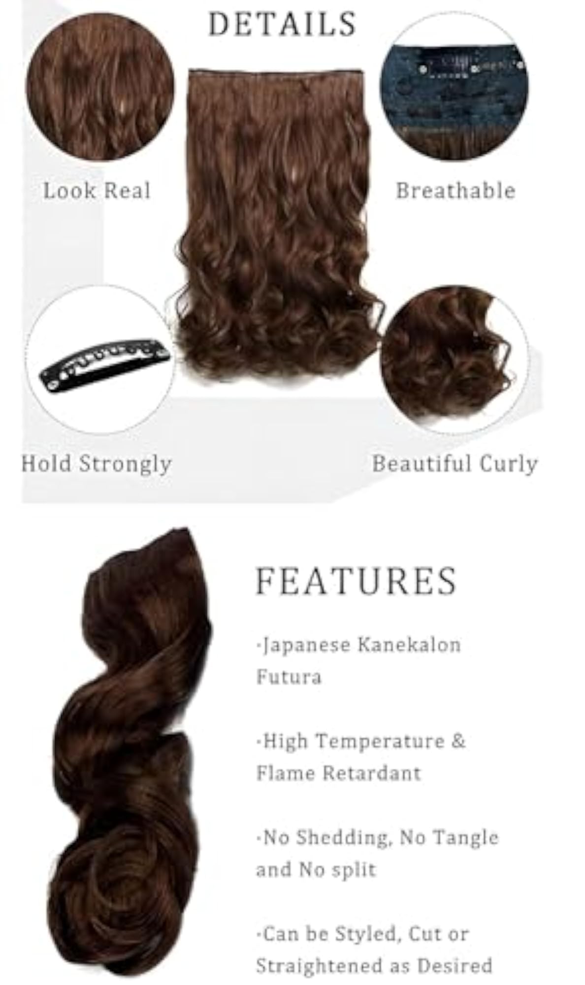Brown Curly Wavy Hair Extensions, 16 Inches