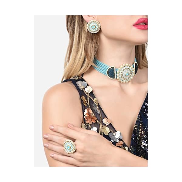 ZAVERI PEARLS Blue Meenakari Multistrand Crystals Beaded Kundan Choker Necklace Earring & Ring Set For Women-ZPFK14754 - Image 4