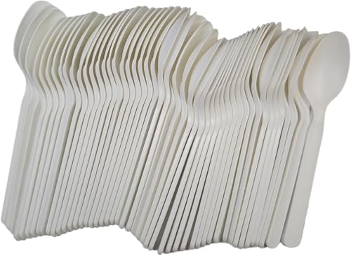 200 cucharas biodegradables y compostables blancas, cubiertos de fibra de azúcar, paquetes de 50 piezas vajilla ecológica ecológica (200 cucharas)