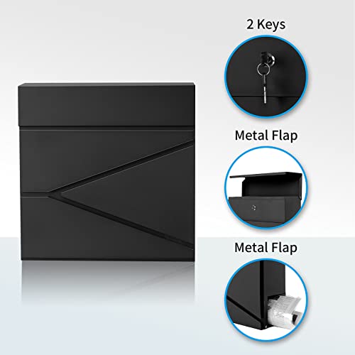 Image of Wall-Mount Mailbox for House Outside, Security Key Drop Box with Lock and Keys, Steel Metal Mail Box with Newspaper Compartment, 14.57 x 14.57 x 4.33 Inch, Black, MD021 X-Large