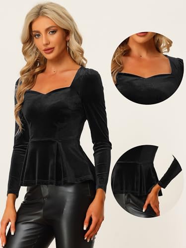 Image of Allegra K Velvet Blouse for Women's Elegant Sweetheart Neck Long Sleeve Peplum Top