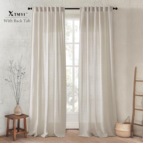 Image of XTMYI 100 Inch Linen Curtains, Lightweight Semi Sheer Light Filtering Drapes, Back Tab Window Drapery for Living Room Bedroom 2 Panel Set, Oatmeal Beige, 50 inch W x 100 inch L