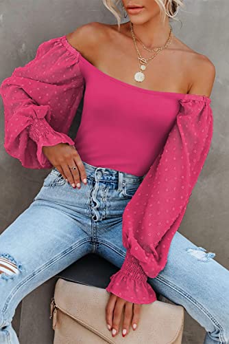 Zeagoo Women's Square Neck Puff Long Sleeve Bodysuit Off Shoulder Leotard Sheer Polka Dot Sleeve Top Large #TOP1
