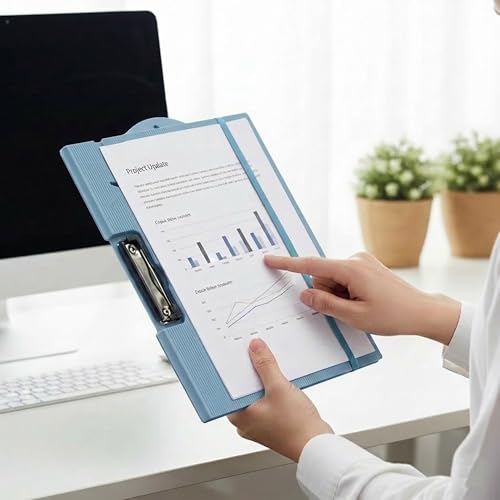 Image of oddpod Horizontal A4 Plastic Clipboard with Elastic Strap /Multi-Function Document Paper Storage File Folder with Outer Cover for Students & Professionals - Powder Blue